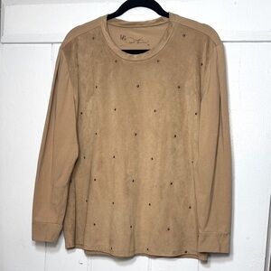 Diane Gilman Tan Faux Suede Mixed Media Long Sleeve Top with Stud Accents